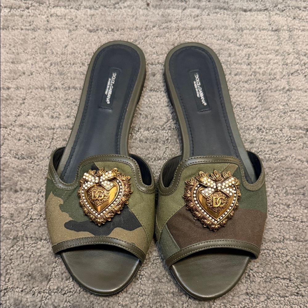Dolce & Gabbana Green Camouflage Sandals with Gold Accents